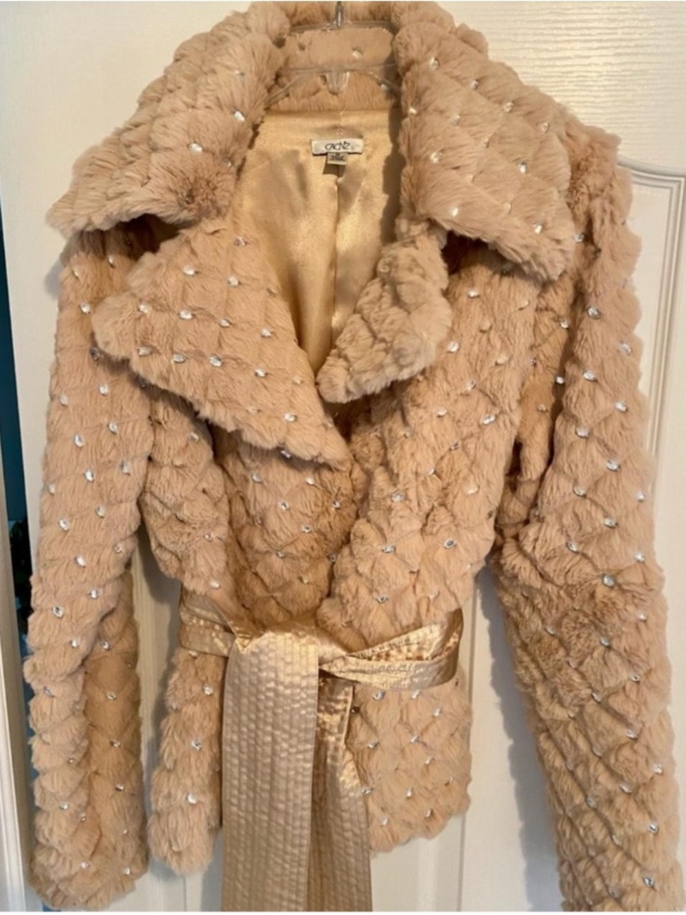 Furry Cache vintage jacket tan better rhinestones all over Y2K